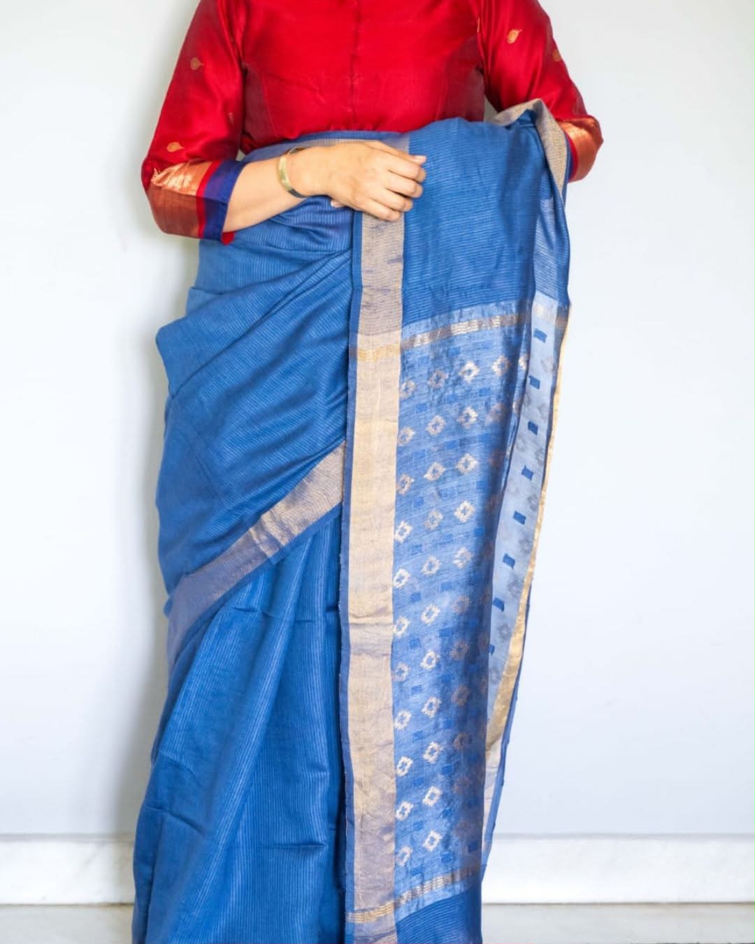 Red Silk Cotton Elbow Sleeves Blouse