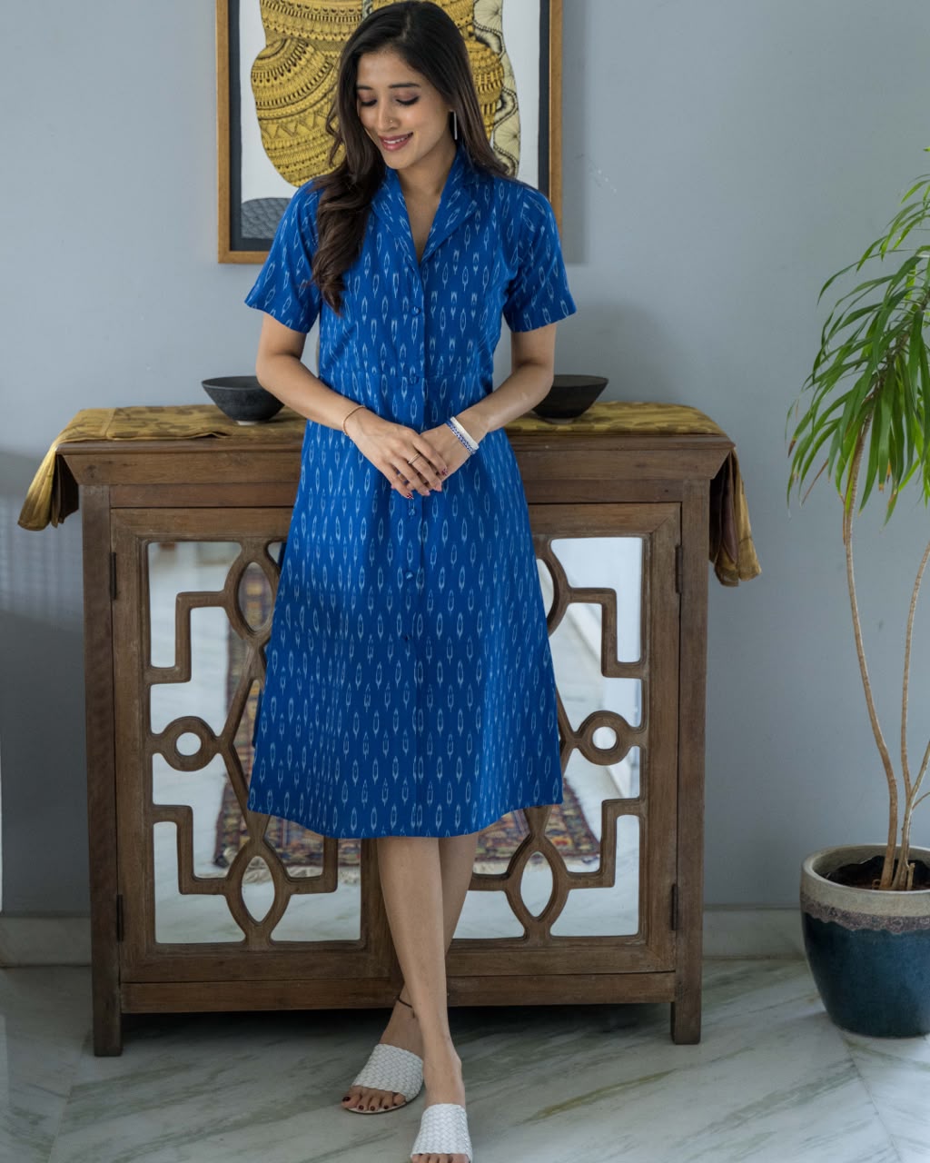 Blue Ikat Cotton Shirt Dress