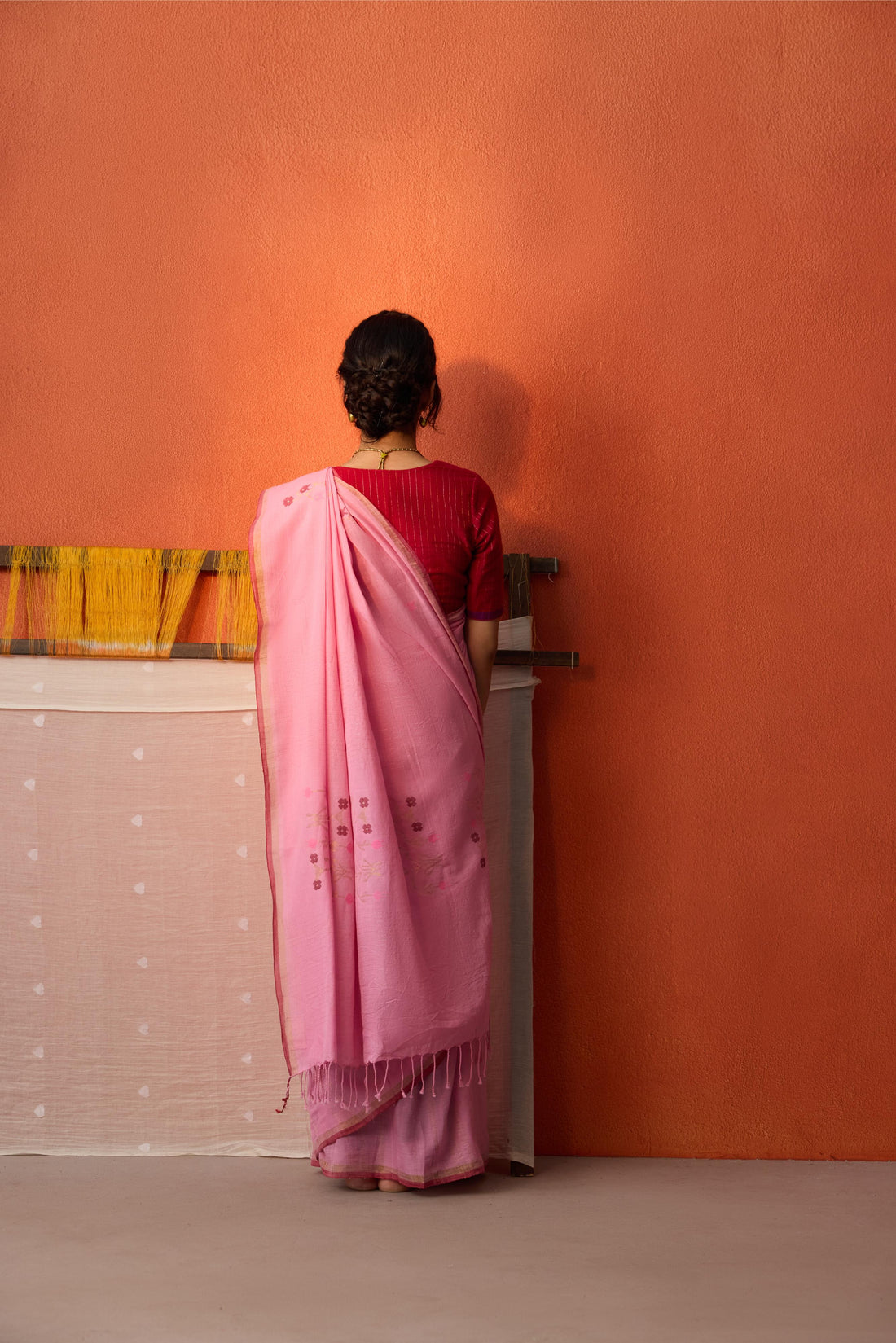 Pink Jamdani Zari Lines Cotton Saree