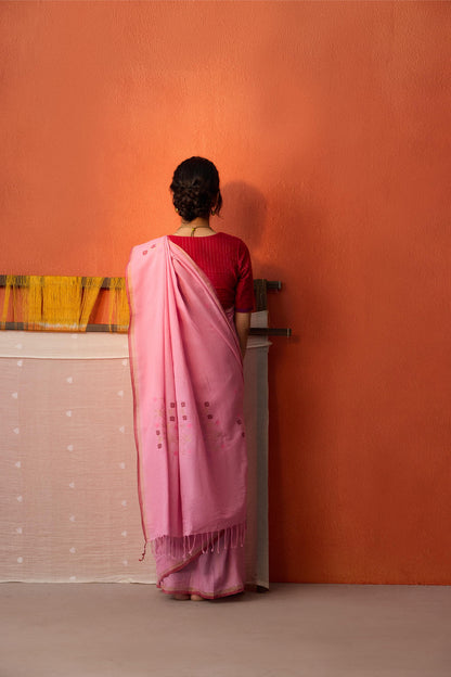 Pink Jamdani Zari Lines Cotton Saree