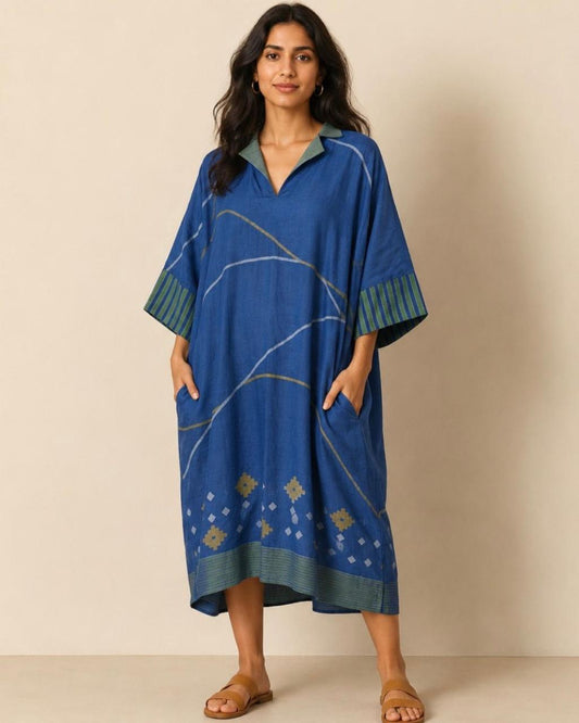 Blue Notch Collar Jamdani Cotton Dress