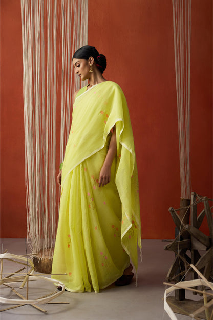 Lemon Yellow Jamdani Khadi Silk Saree