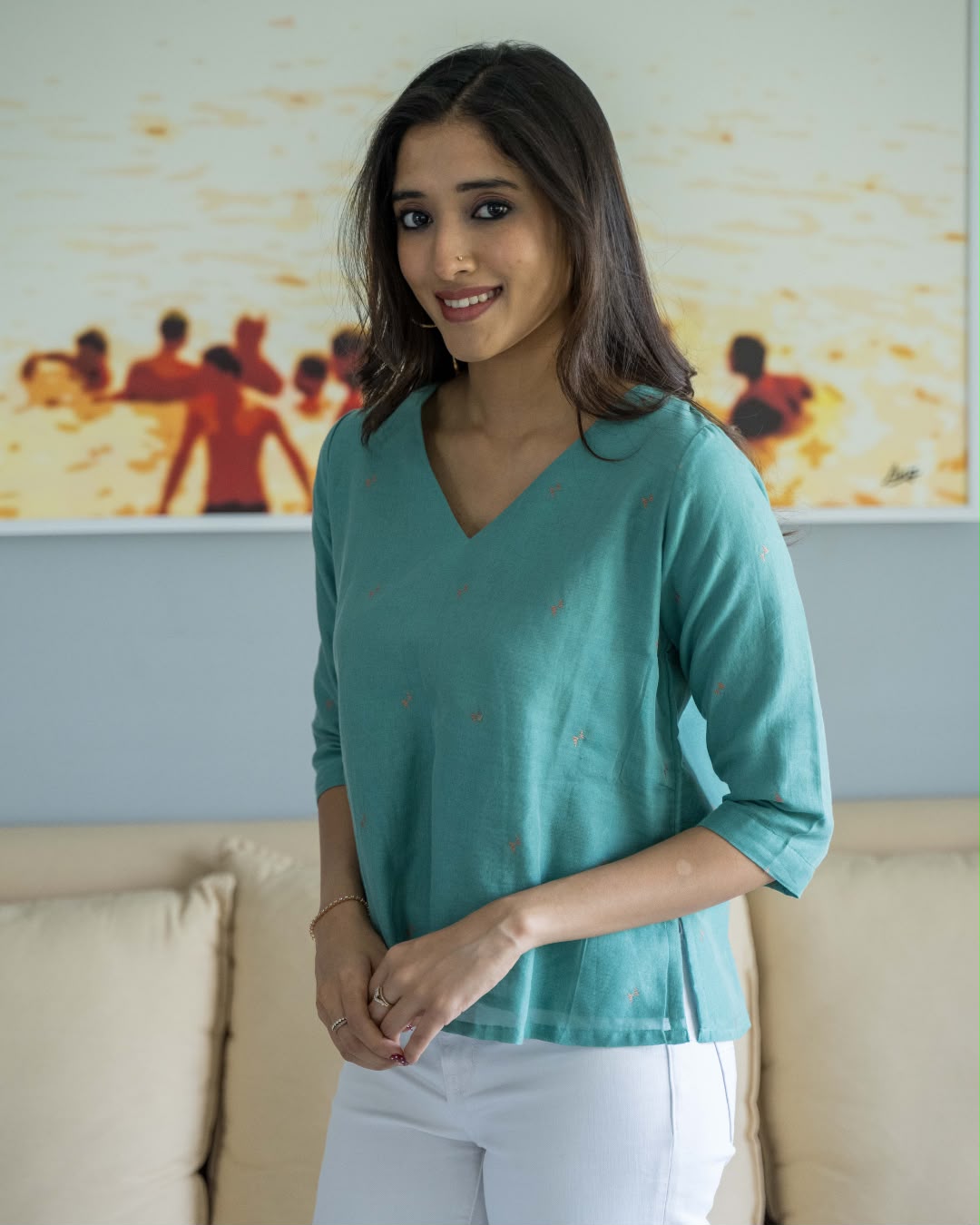 Blue V Neck Jamdani Cotton Top