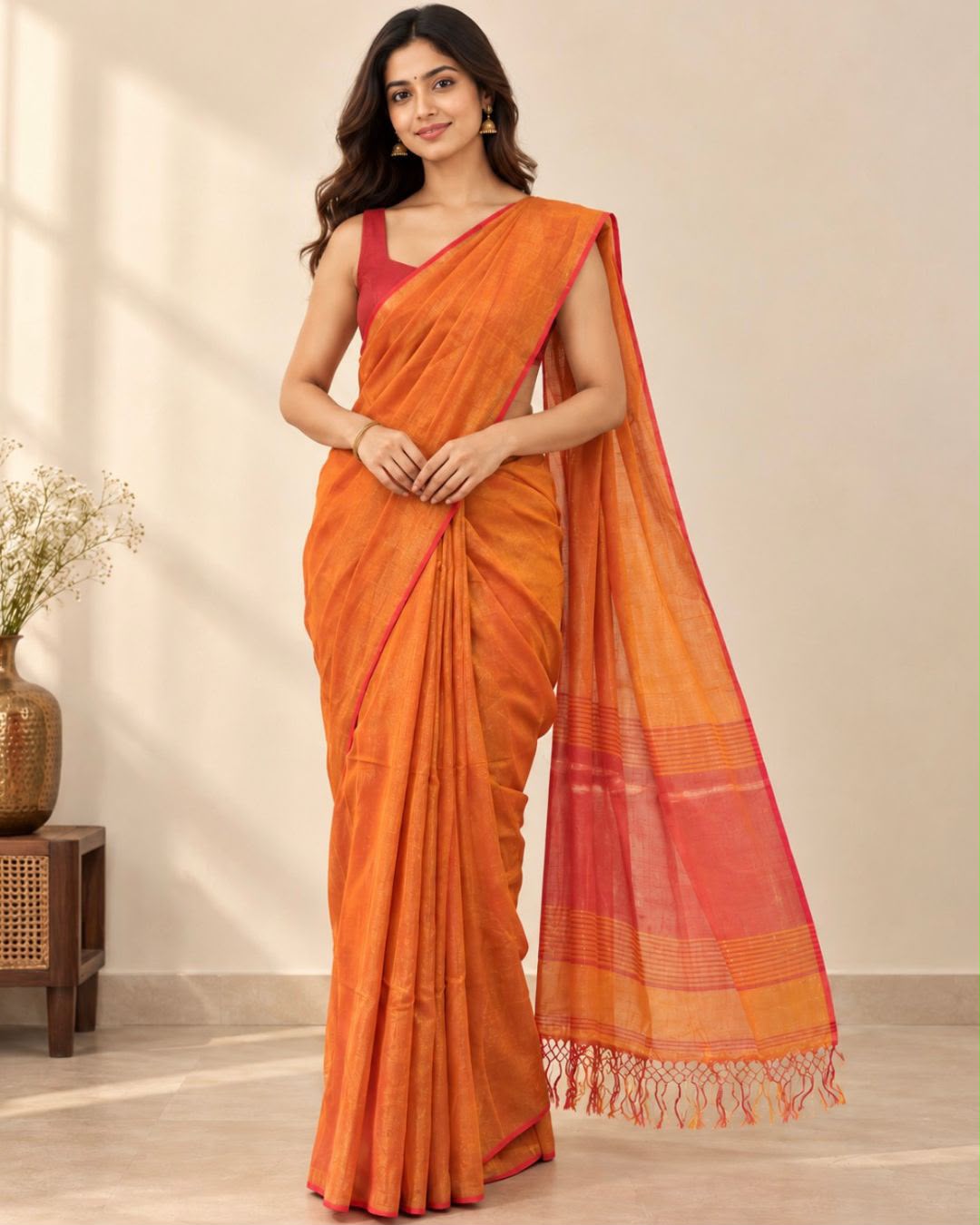 Sunset Orange Red Fulia Cotton Tissue Saree