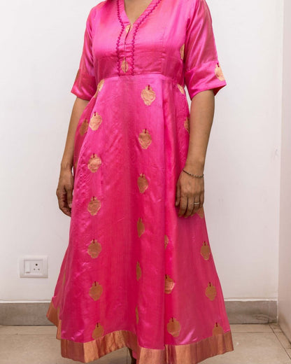 Pink Chanderi Gold Tissue Border Dress