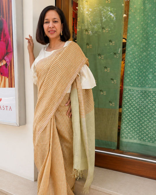 Tea Green Striped Yellow Tissue Linen Saree