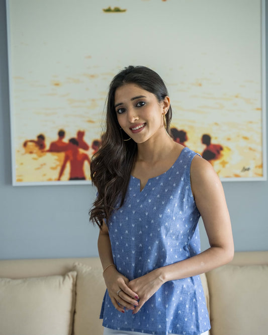 Blue Ikat Sleeveless Cotton Top
