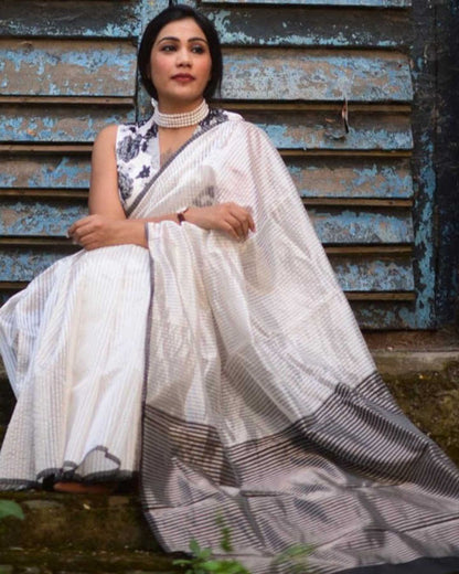 White Silver Tissue Stripes Chanderi Silk Saree