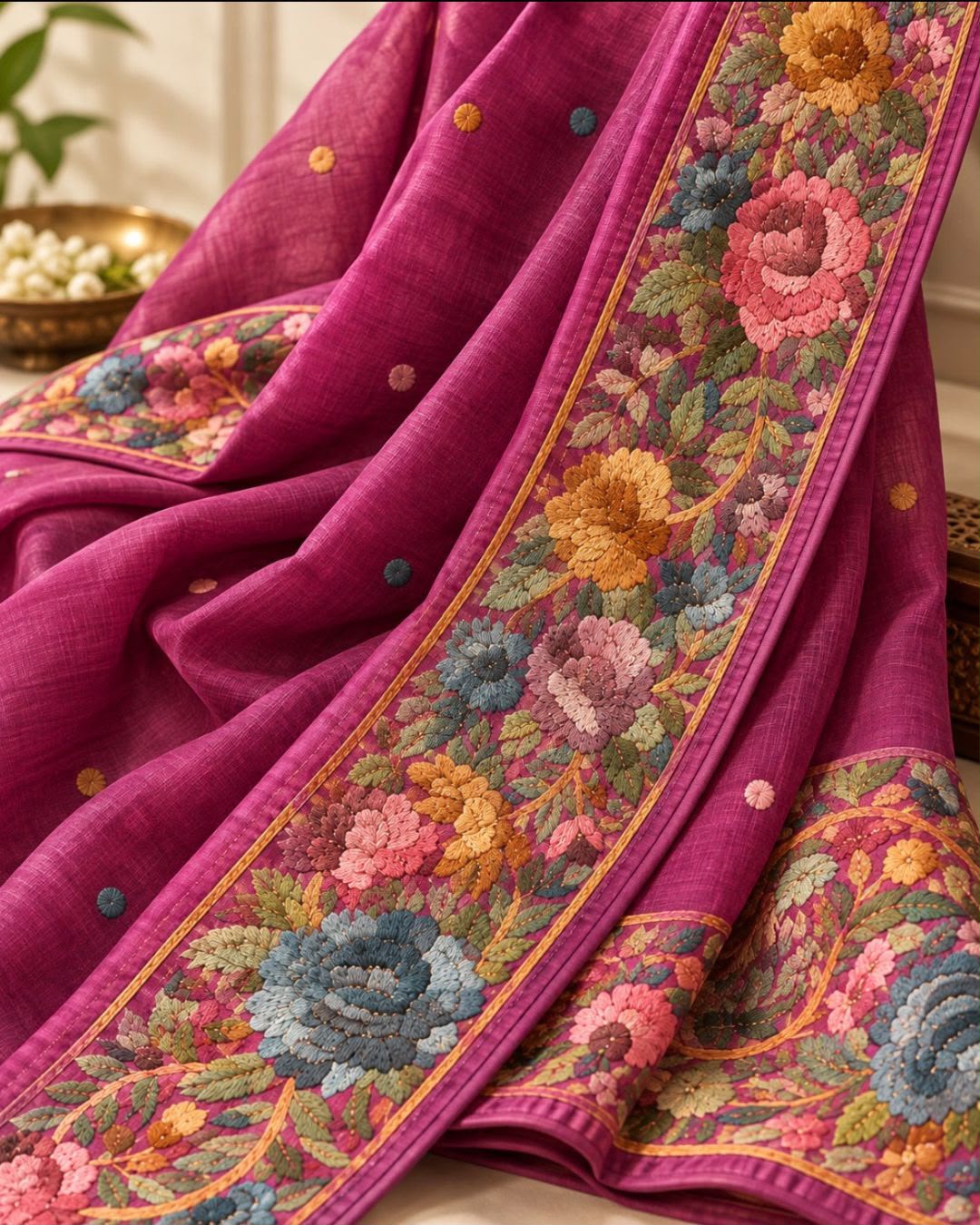 Magenta Purple With Multicolor Parsi Floral Embroidered Border Tussar Silk Saree