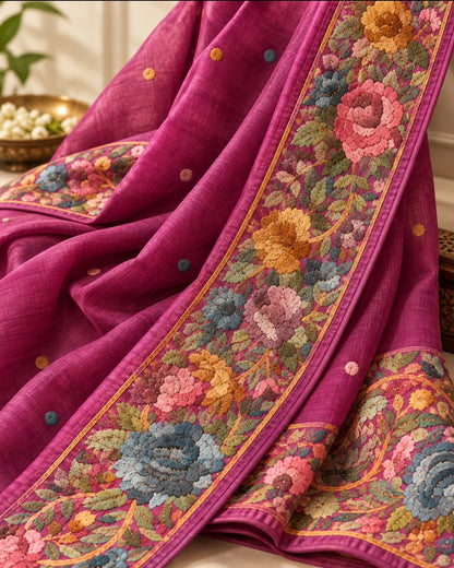 Magenta Purple With Multicolor Parsi Floral Embroidered Border Tussar Silk Saree