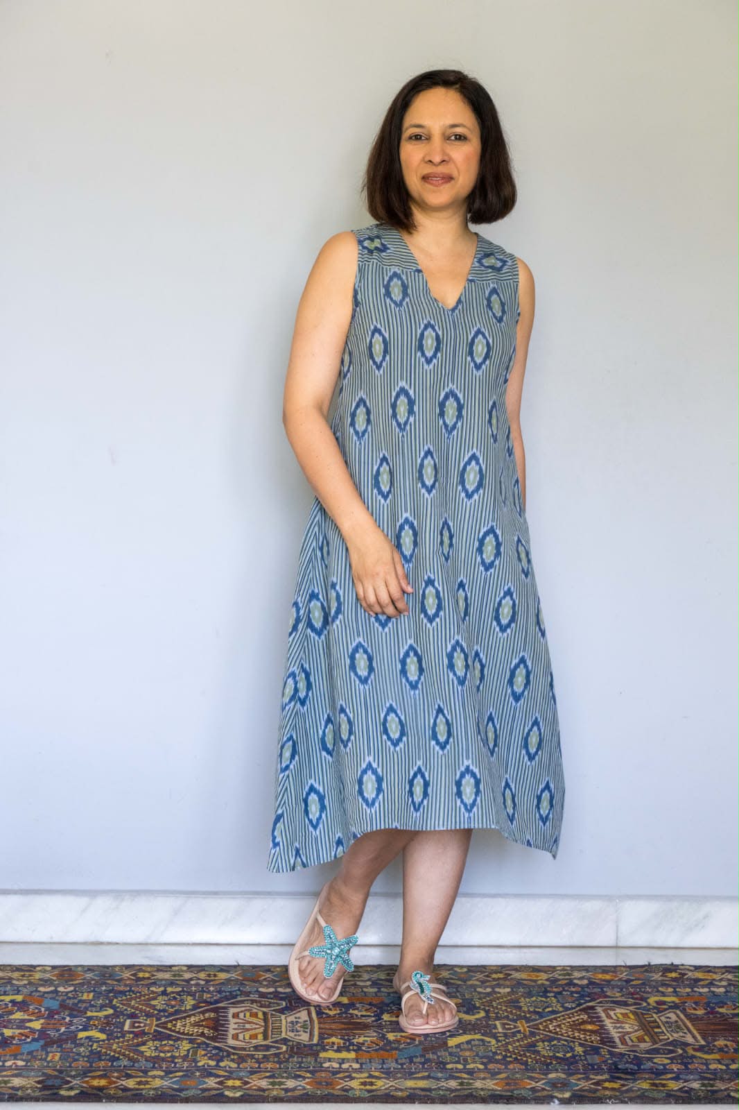 Blue Ikat VNeck Sleeveless Cotton Dress