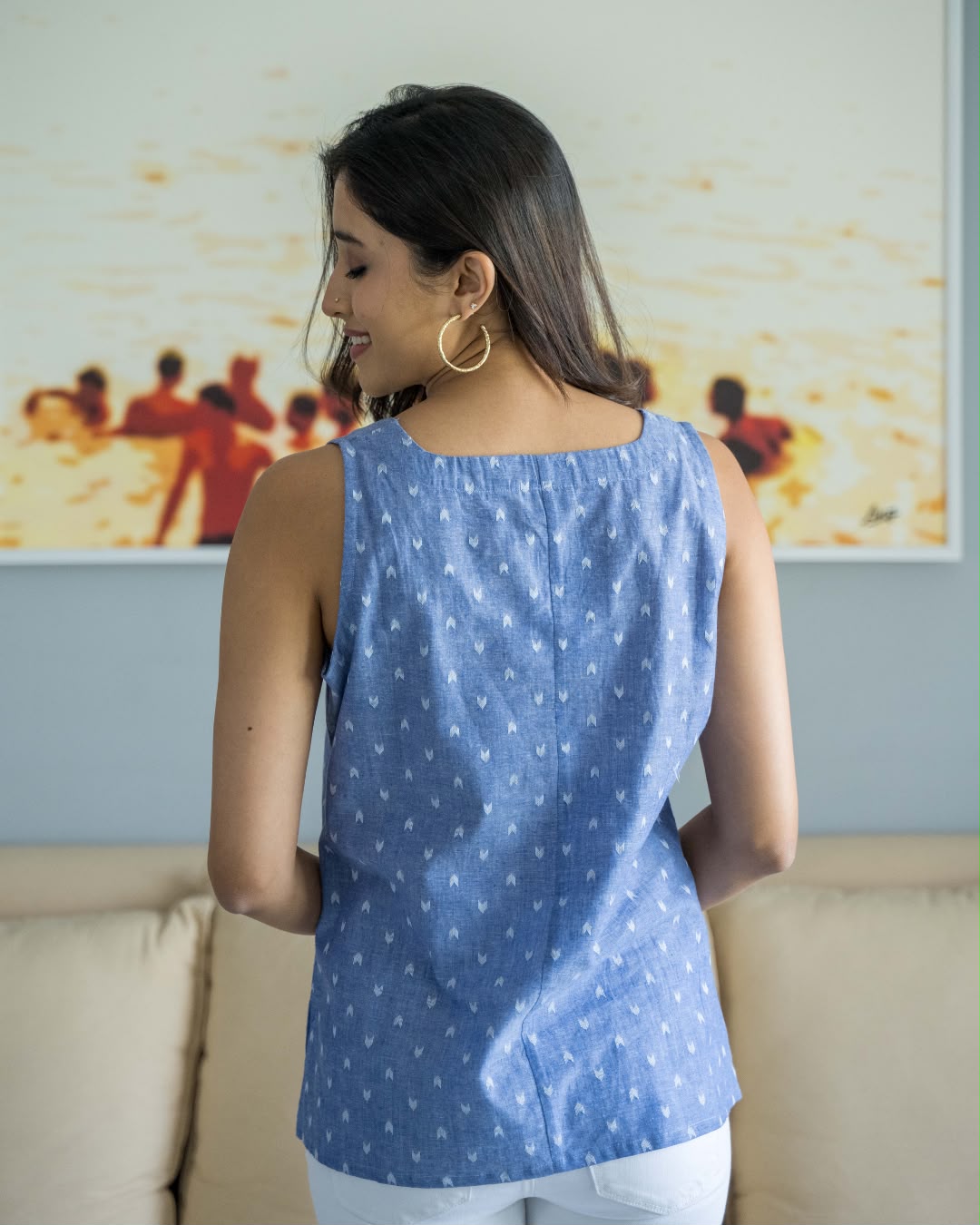Blue Ikat Sleeveless Cotton Top