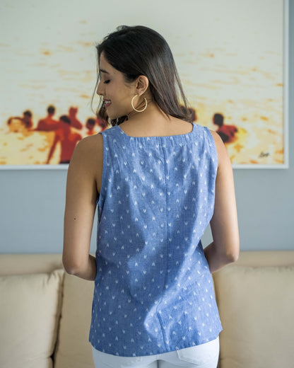 Blue Ikat Sleeveless Cotton Top