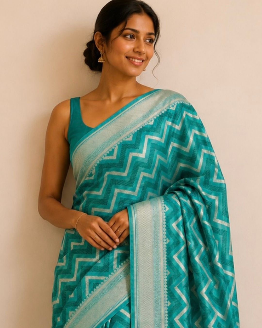 Teal Green Zigzag Banarasi Katan Silk Saree