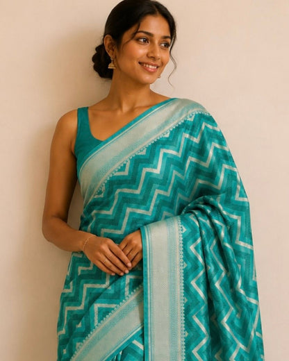 Teal Green Zigzag Banarasi Katan Silk Saree