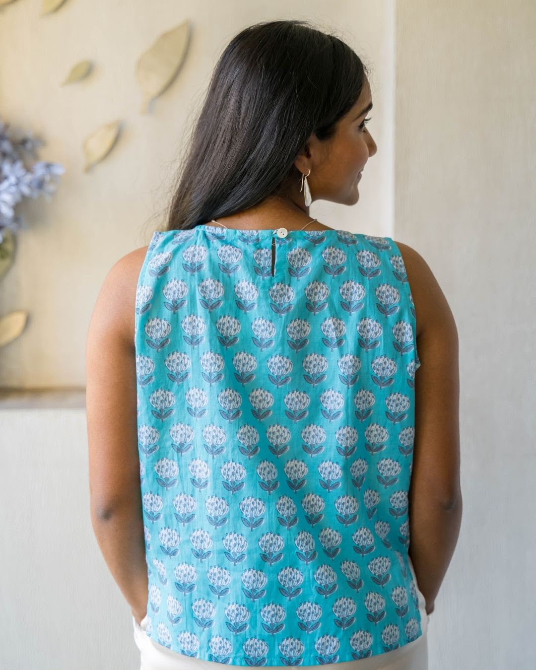 Blue Printed Sleeveless Cotton Top