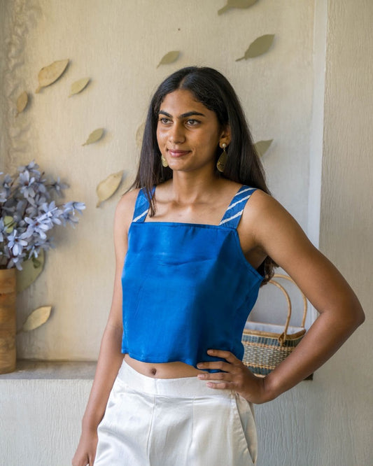 Blue Sleeveless Square Neck Modal Silk Top