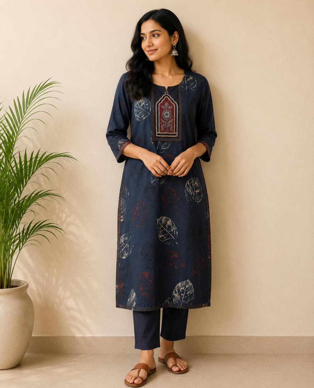 Indigo Blue Leaf Print Cotton Kurta