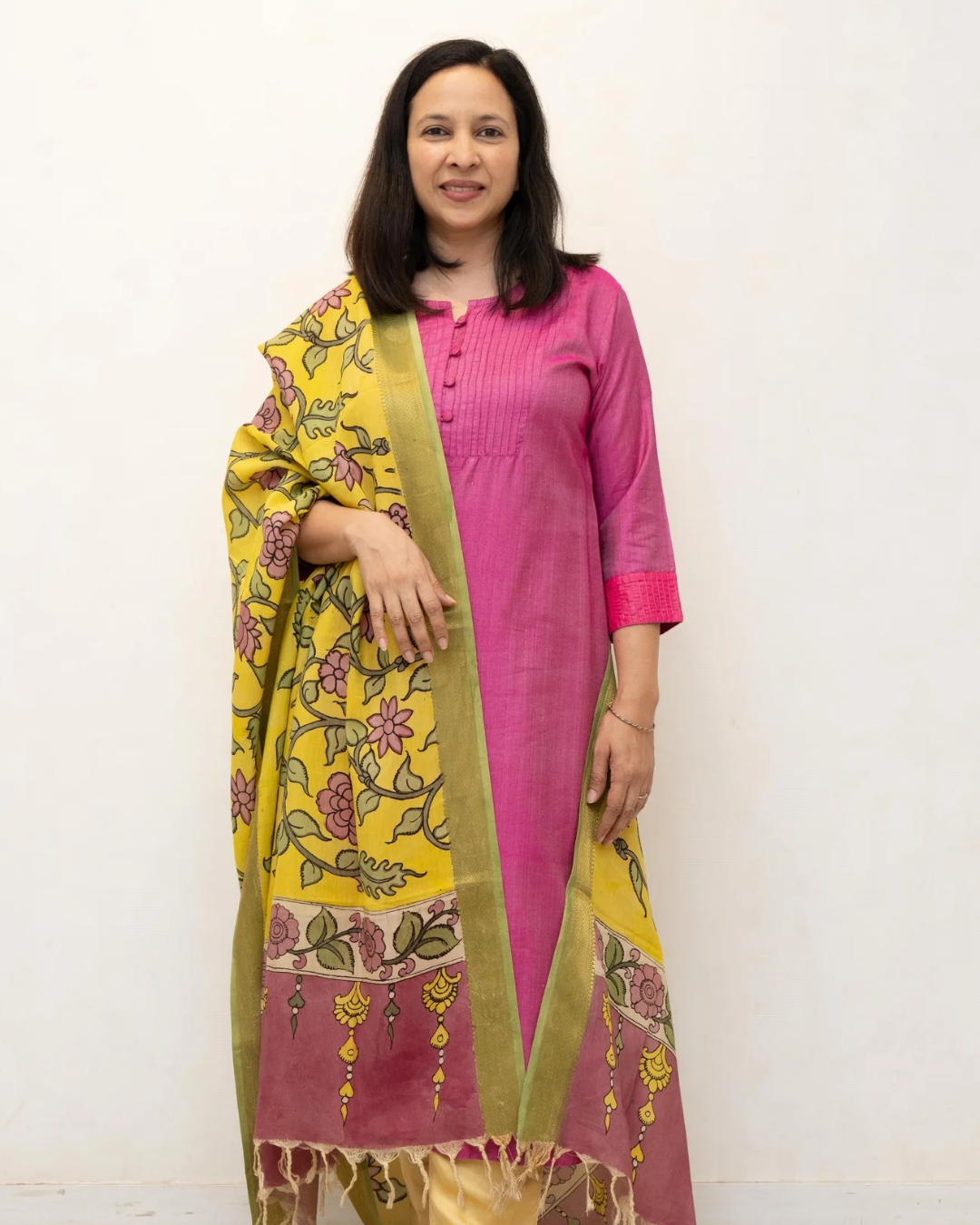 Yellow 4 Kalamkari Silk Dupatta