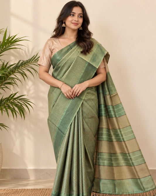Green Hand Woven ZigZag Chattisgarh Tussar Silk Saree - samasta.in #