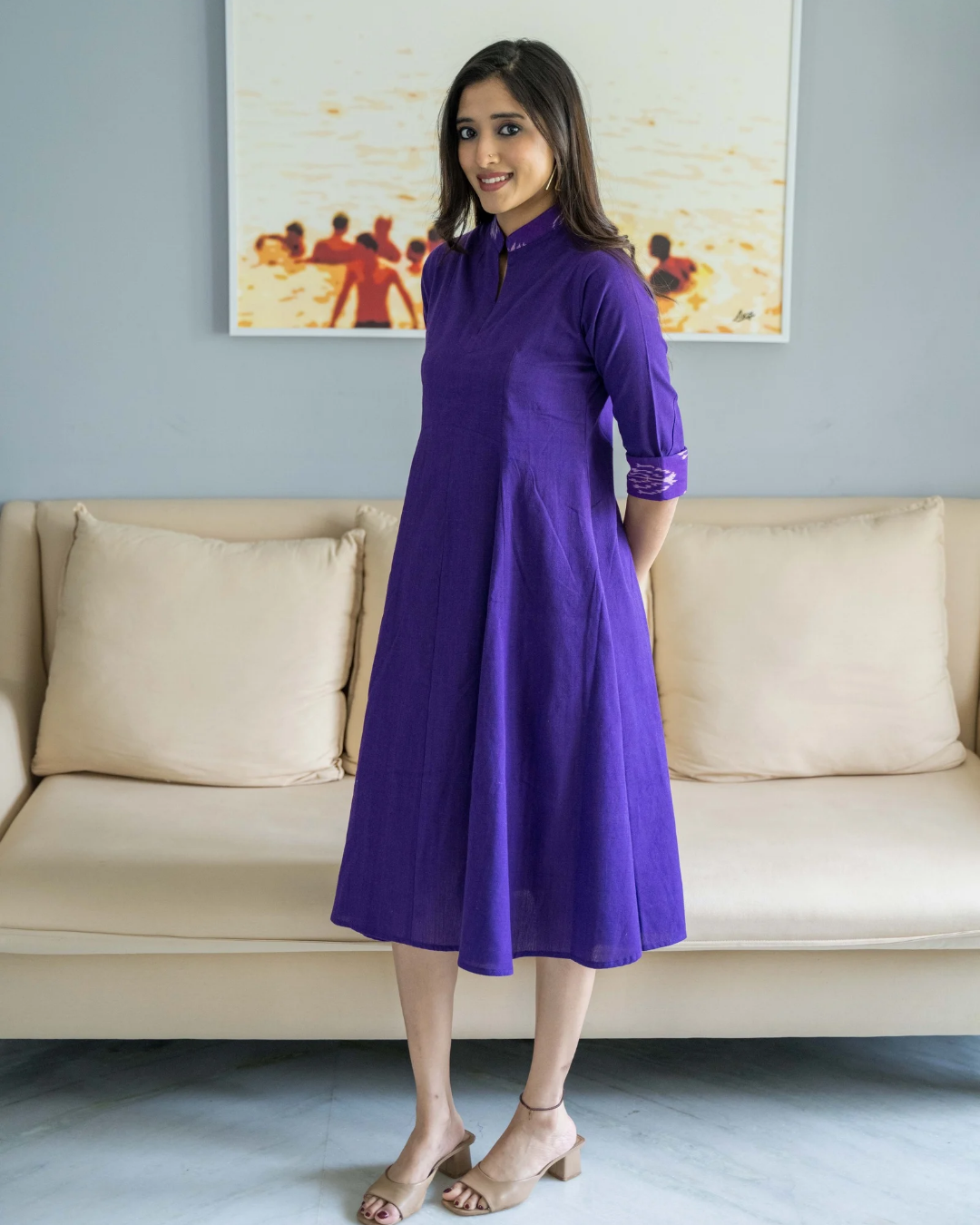 Purple Chinese Collar Cuff Ikat Cotton Dress