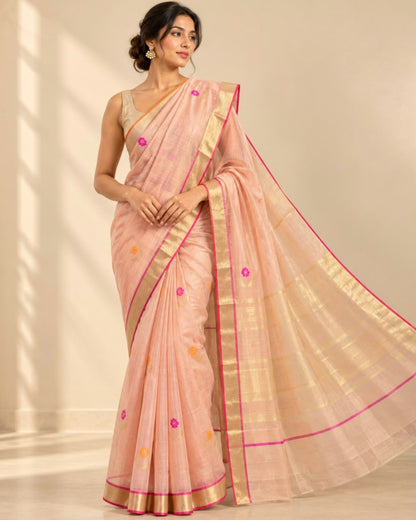Peach Pink Multicolour Jamdani Butta Marm Chanderi Silk Cotton Saree