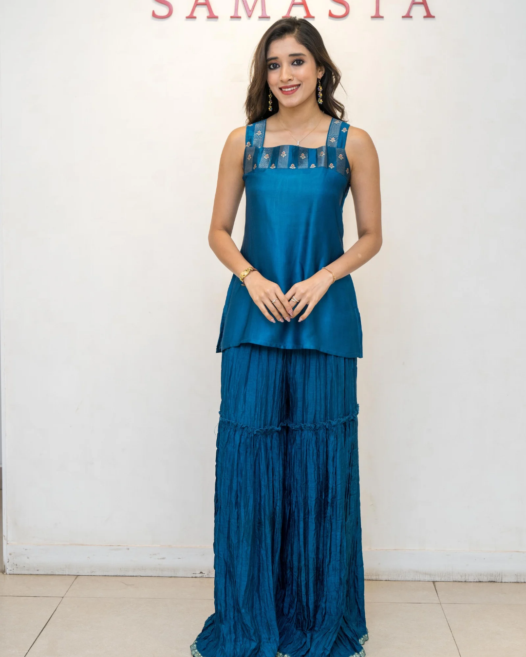 Blue Sleeveless Brocade Modal Silk Tunic