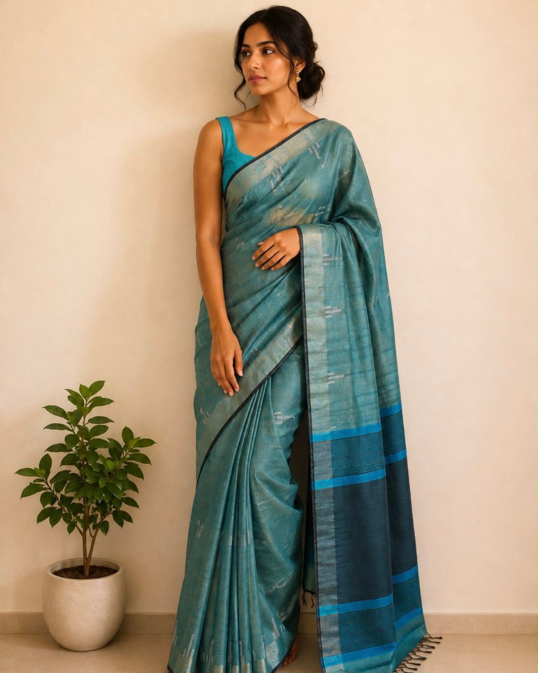 Teal Green Bhagalpur Tussar Silk Saree