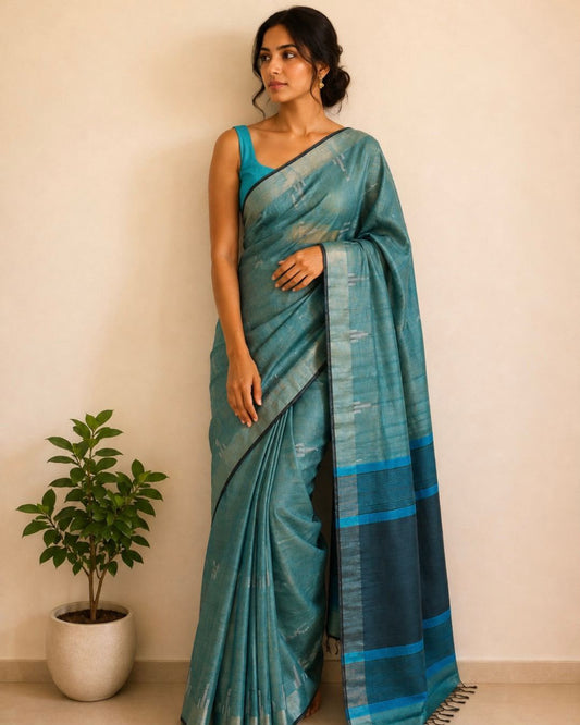 Teal Green Bhagalpur Tussar Silk Saree