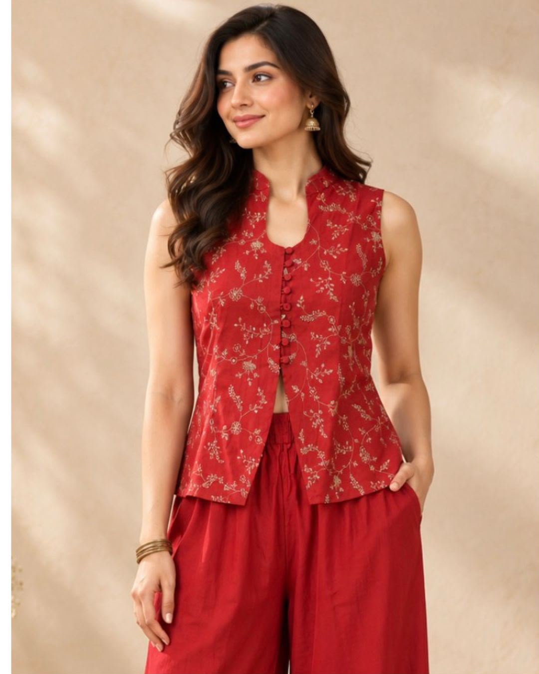 Rust Red Silk Cotton Sleeveless with Floral Embroidery Blouse