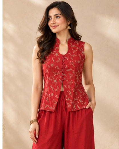 Rust Red Floral Embroidery Sleeveless Solk Cotton Top and Palazzo Co-ord Set
