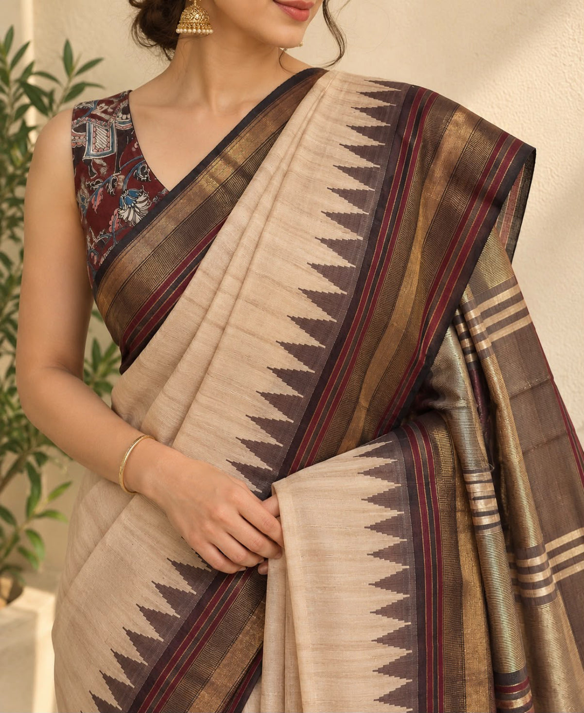 Beige Brown Temple Border Chattisgarh Tussar Silk Saree