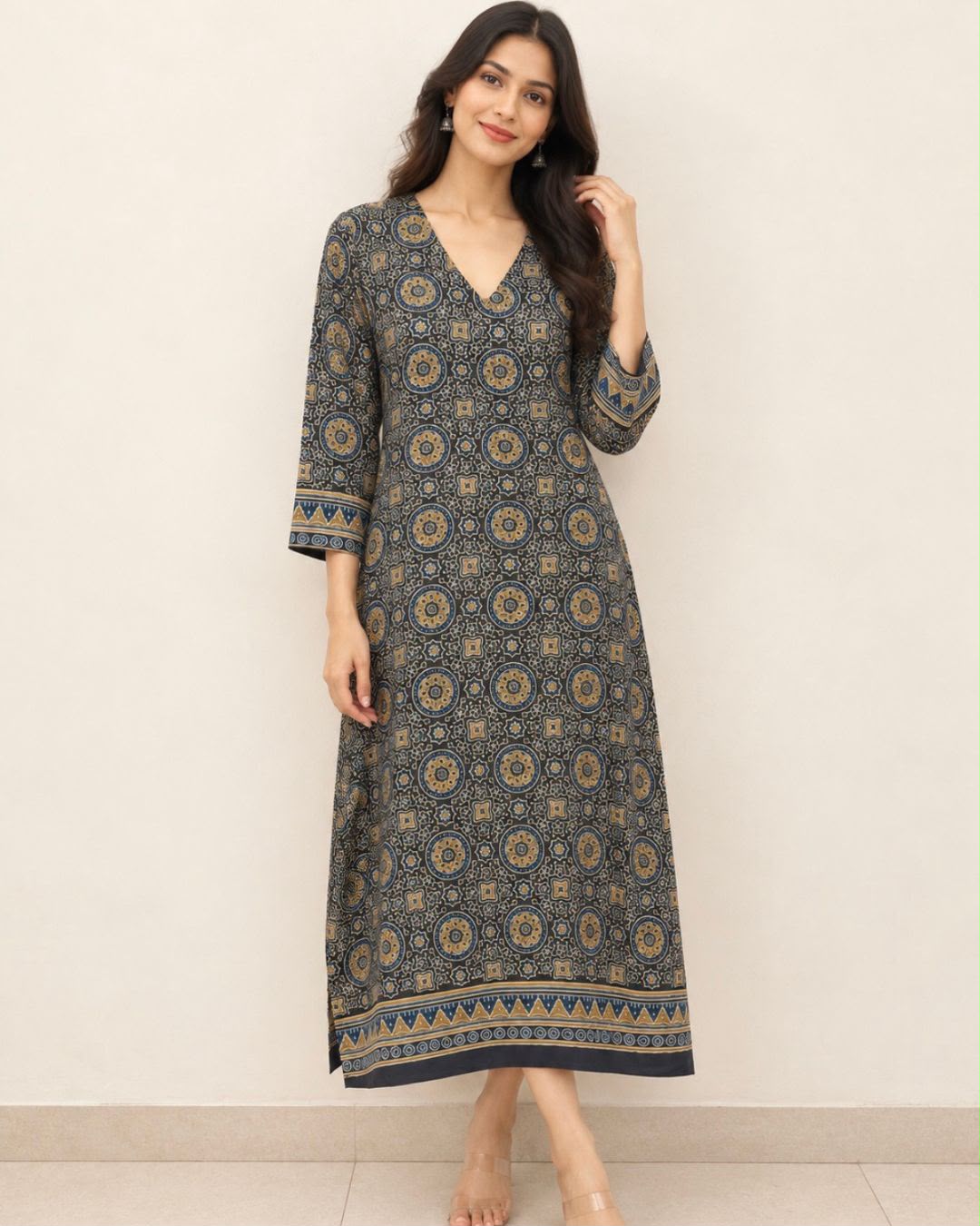 Blue Ajrakh Printed V Neck Modal Silk Long Kurta