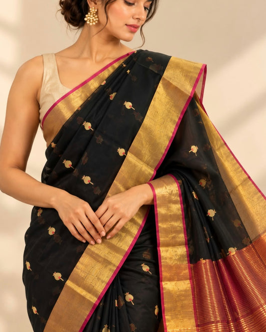 Black Gold Pomegranate Jamdani Butta Marm Chanderi Silk Cotton Saree