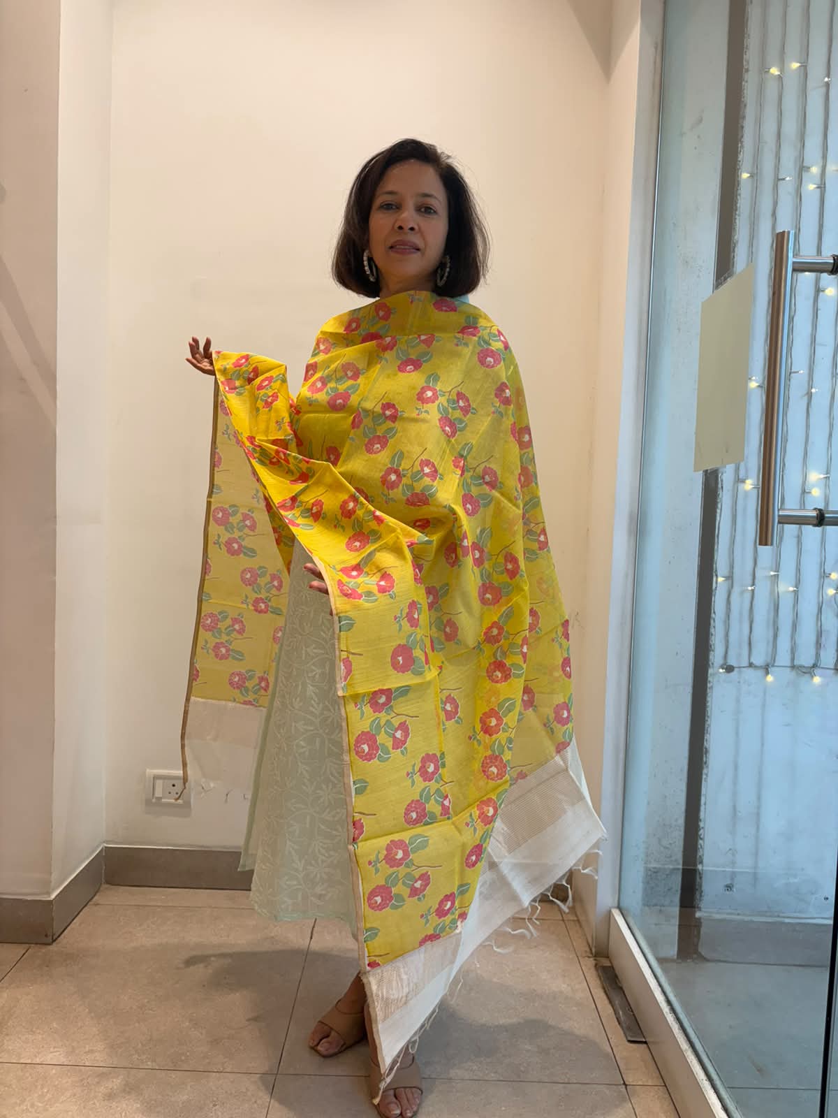 Yellow Silk Cotton Pink Floral Block Print  Dupatta