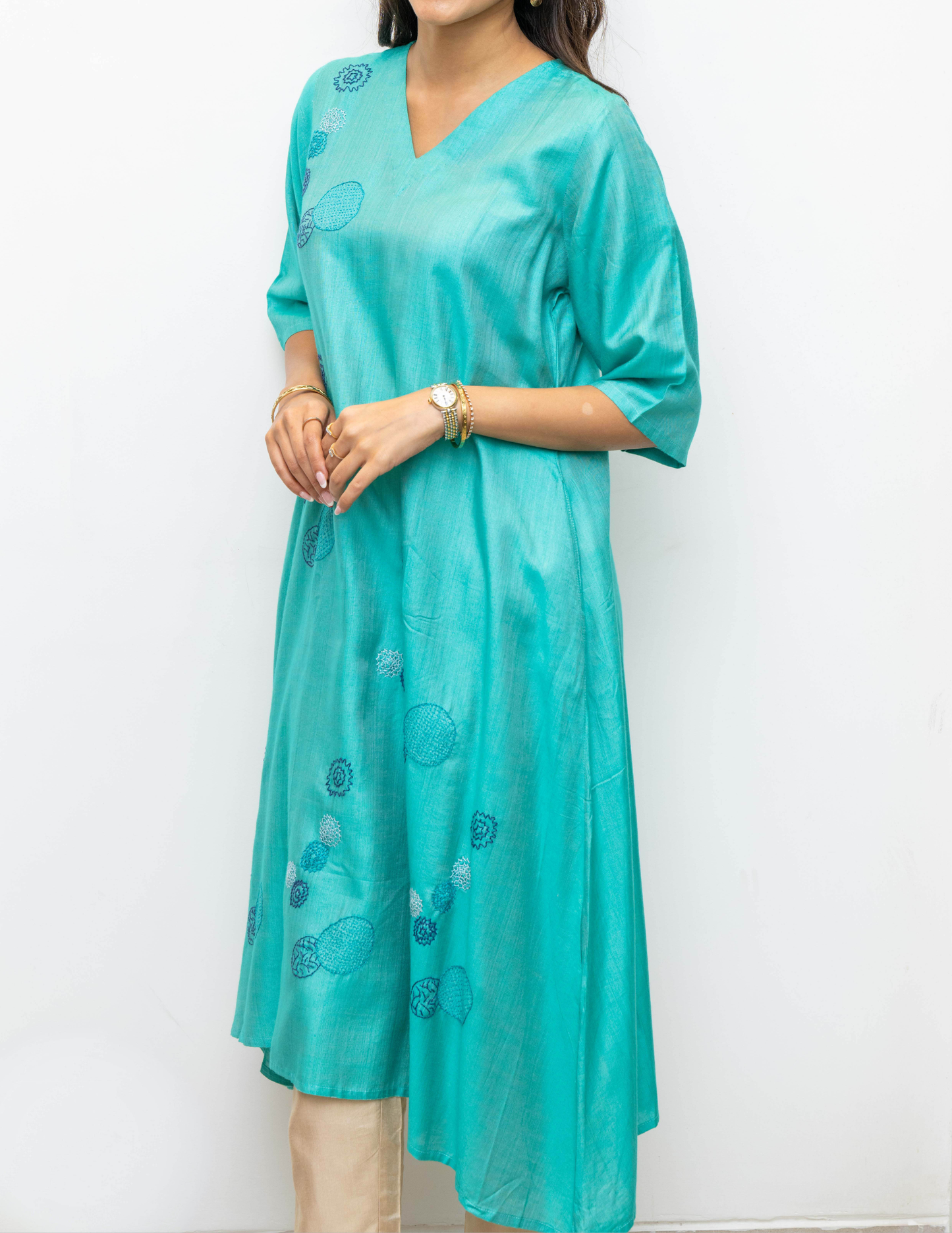 Blue Flower Tussar Cotton Dress