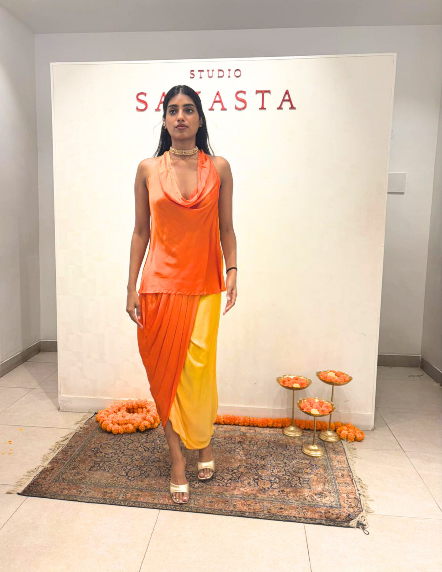 Orange Cowl Neck Shaded Modal Silk Top