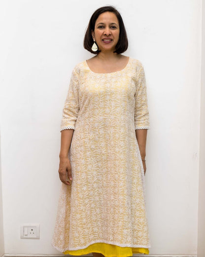Yellow Chikankari Double Layer Dress
