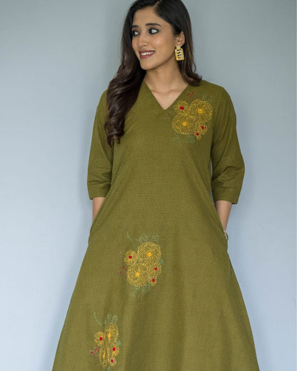 Green Checks Embroidered V Neck Sleeves Cotton Dress
