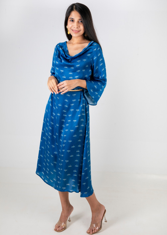 Blue Dragonfly Cowl Modal Silk Dress