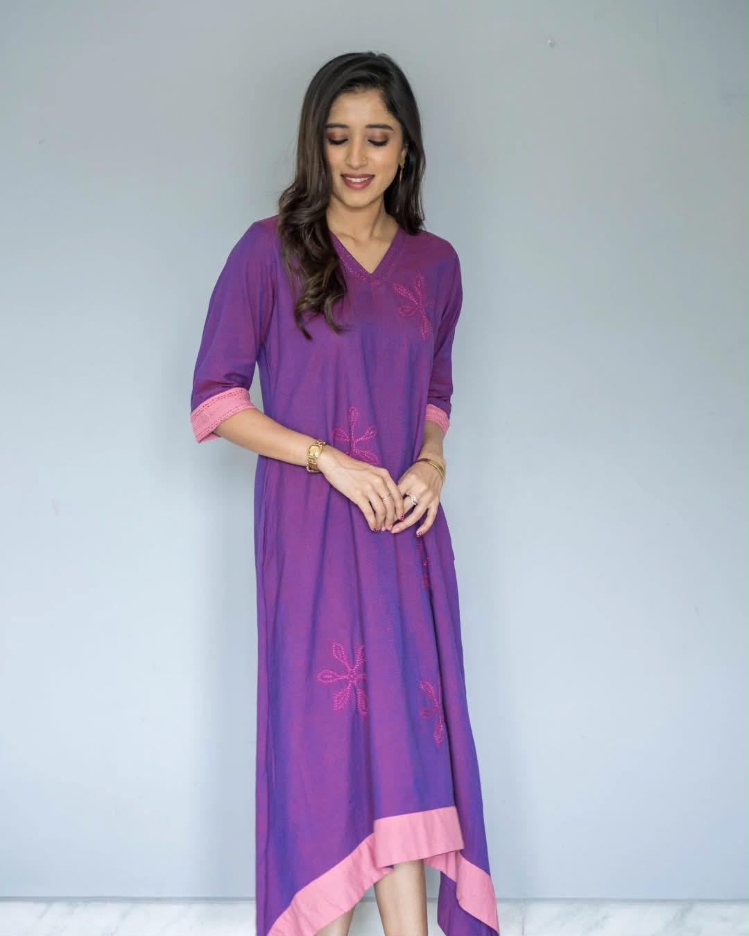 Purple Pink Embroidered V Neck Asymetrical Dress