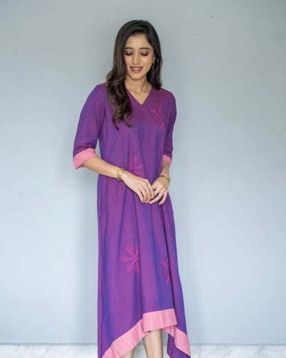 Purple Pink Embroidered V Neck Asymetrical Dress