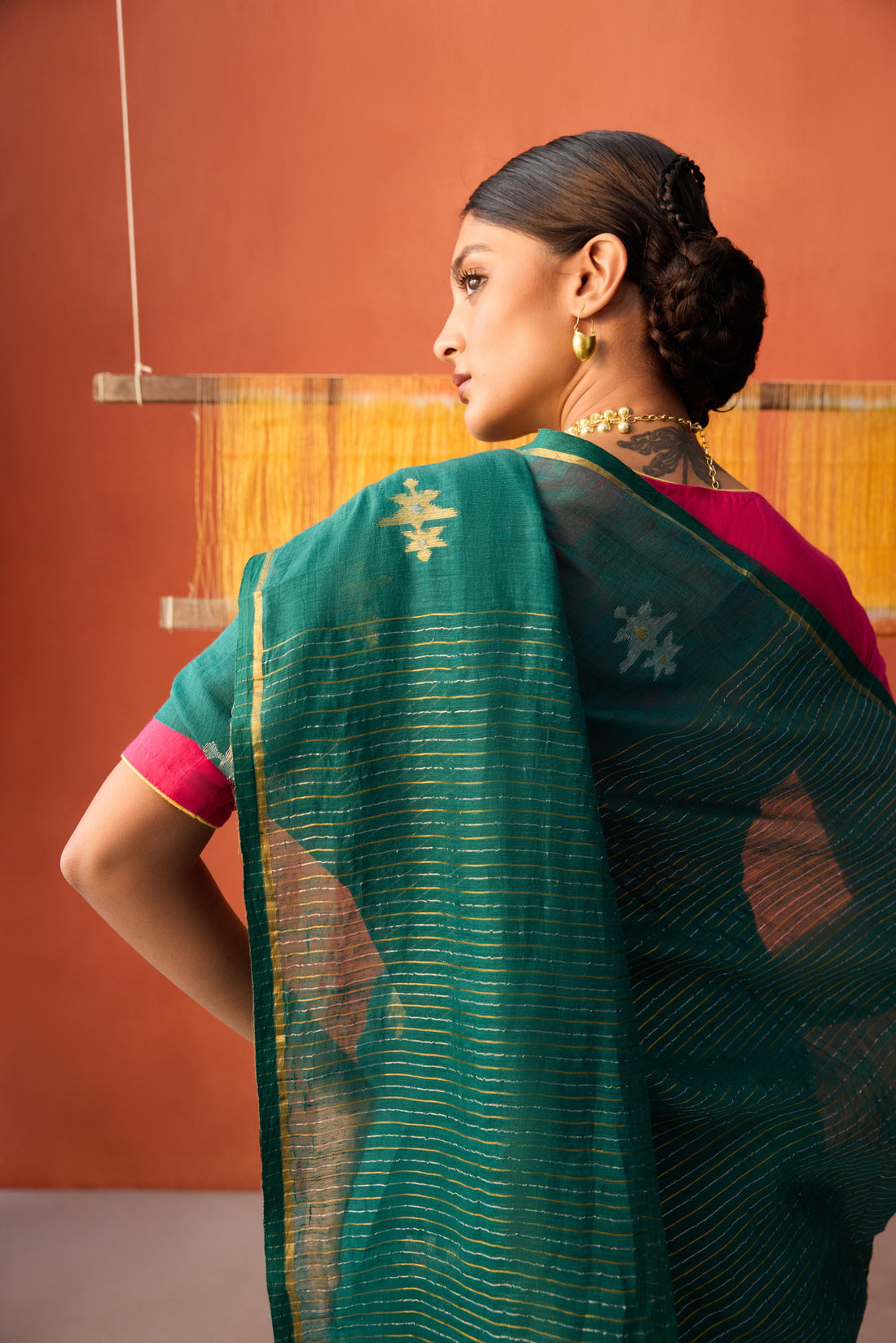 Bottle Green Jamdani Cotton Saree