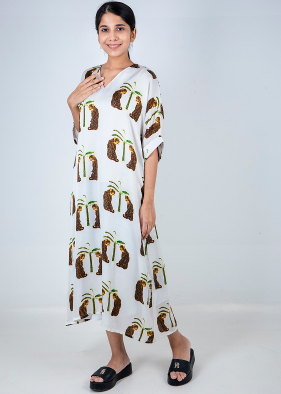 White Leopard Print Modal Silk Dress