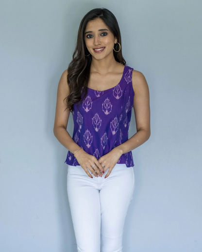 Purple Ikat Sleeveless Cotton Top