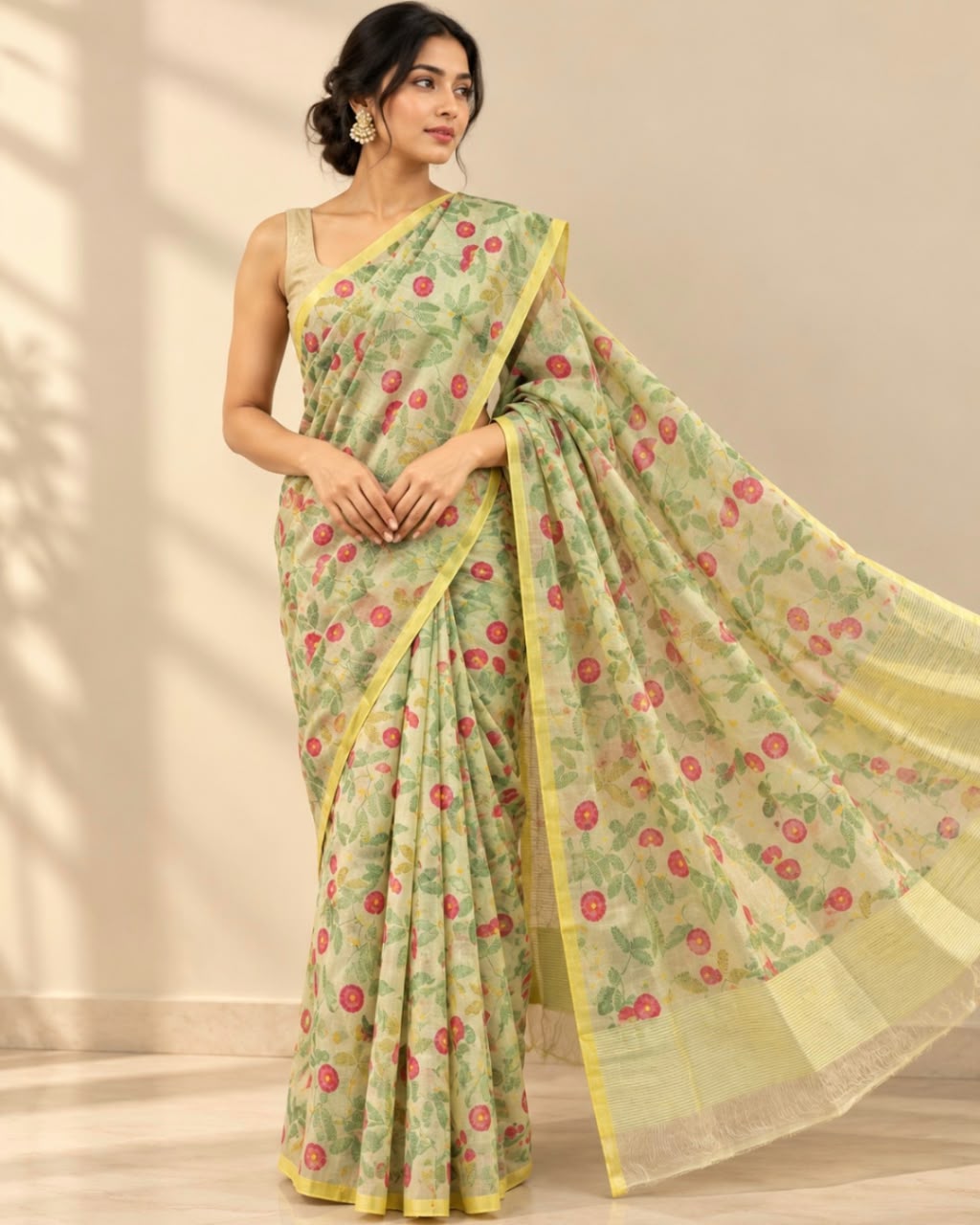 Pista Green Red Floral Jaal Printed Marm Chanderi Silk Cotton Saree