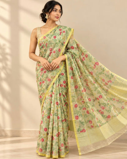 Pista Green Red Floral Jaal Printed Marm Chanderi Silk Cotton Saree