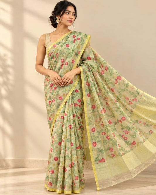 Pista Green Red Floral Jaal Printed Marm Chanderi Silk Cotton Saree