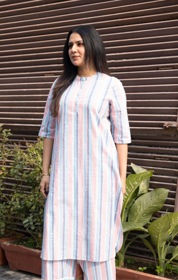 Blue Orange Stripe Cotton Co Ord Sets