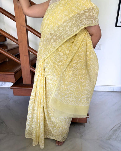 Yellow Chikankari Kota Cotton Saree